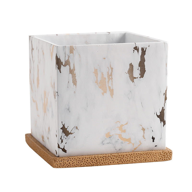 Square Marbling Ceramic Flower Pot with Gold Plate